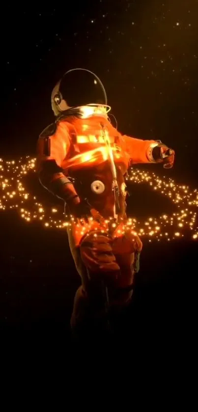 Glowing astronaut in space surrounded by light on a dark background.