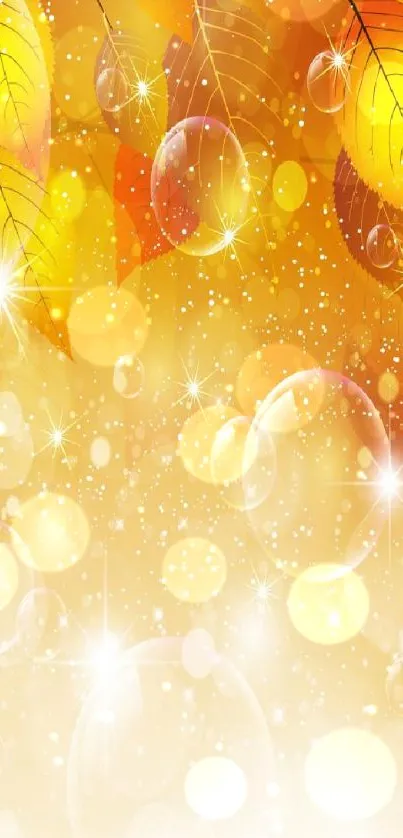 Glowing golden autumn wallpaper with leaves and sparkles.