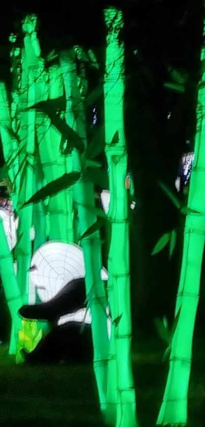 Glowing bamboo forest with luminous green stalks and serene ambiance.