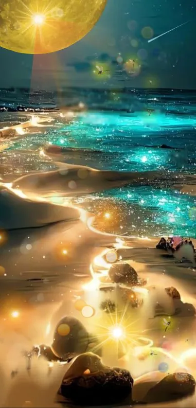 Enchanting glowing beach with a crescent moon and starry sky.