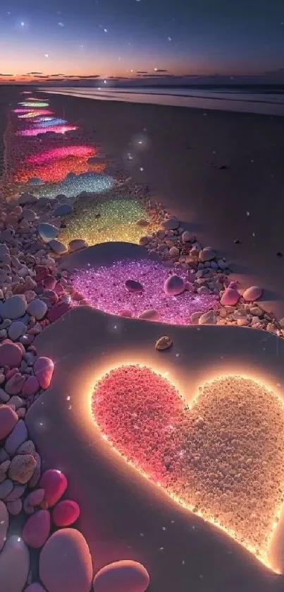 Glowing heart pathway on a sunset beach with colorful stones.