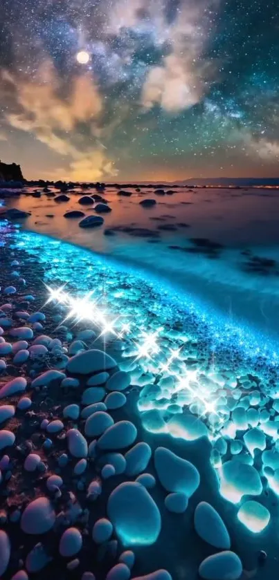 Enchanting glowing beach with starry night sky wallpaper.