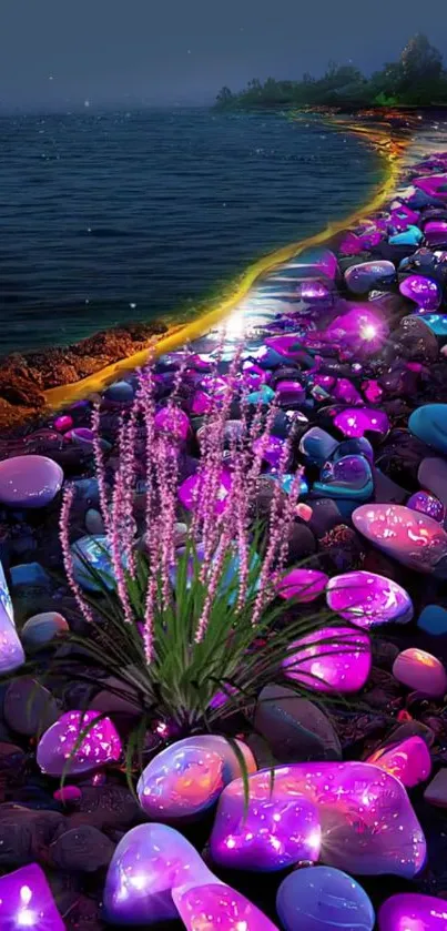 Glowing stones on a colorful beach at night