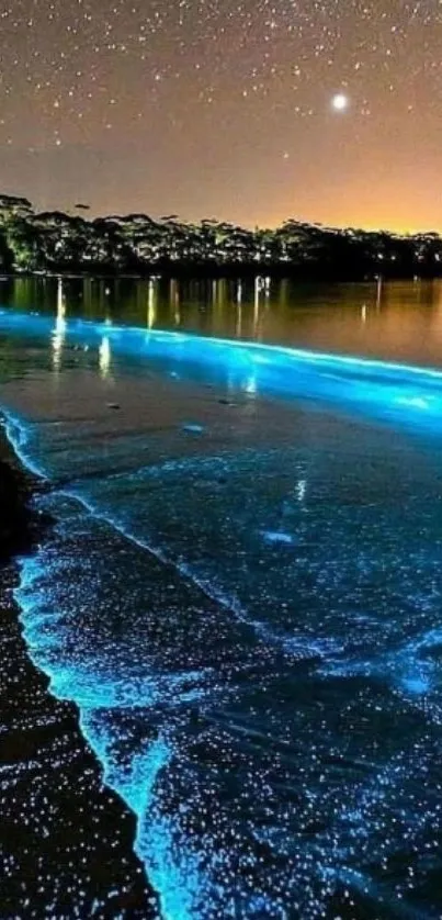 Bioluminescent beach under a starry night sky with glowing waves.