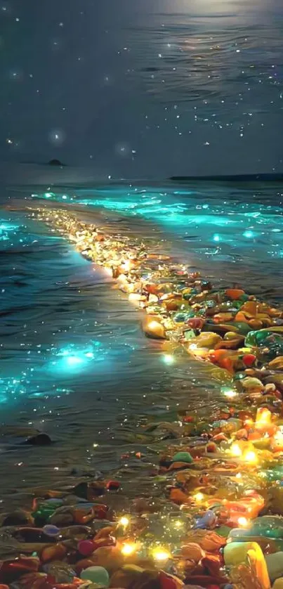 Glowing stones create a path on the beach under a starry sky.