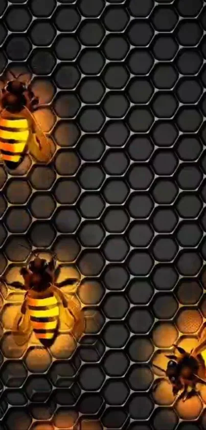 Glowing bees on a honeycomb pattern