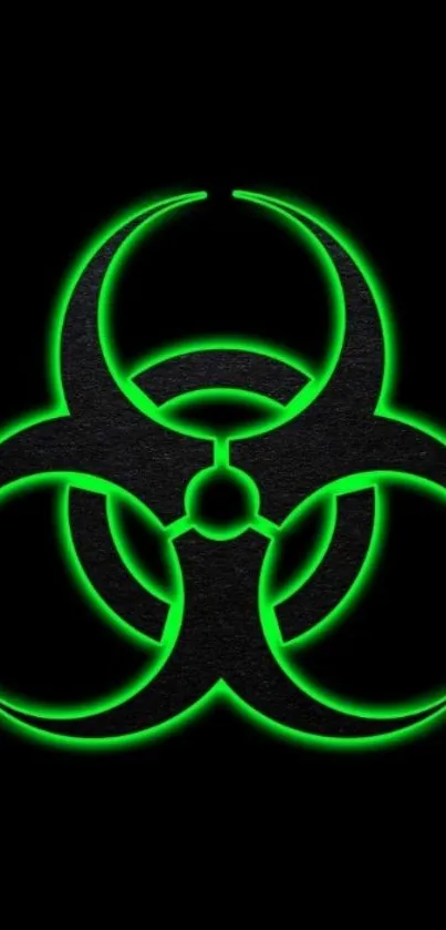 Neon green biohazard symbol on black background.