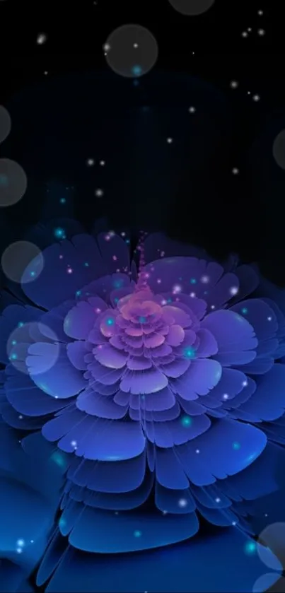 Vibrant blue abstract flower wallpaper with glowing light effects.