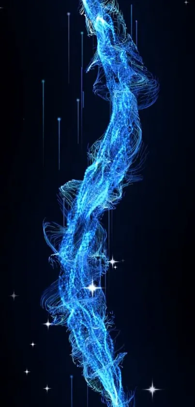 Abstract glowing blue stream on dark background with stars.