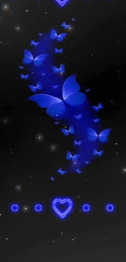 Glowing blue butterflies with heart pattern on black background.