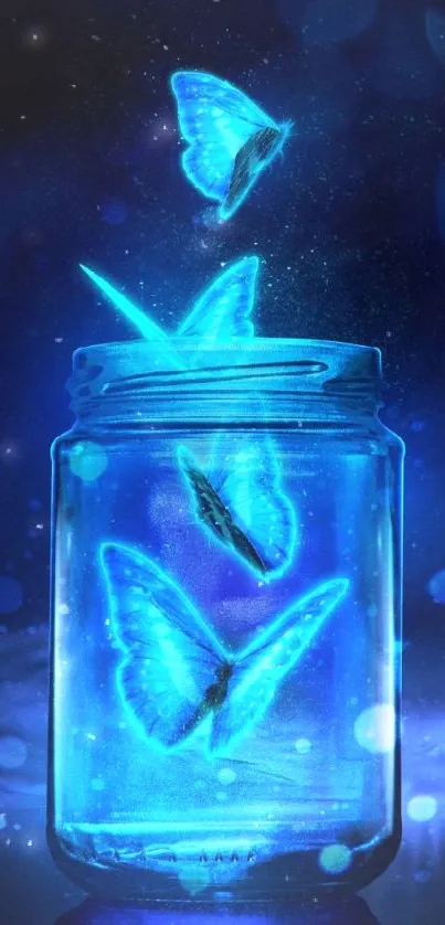 Glowing blue butterflies escaping a jar in a vibrant, neon-themed wallpaper.