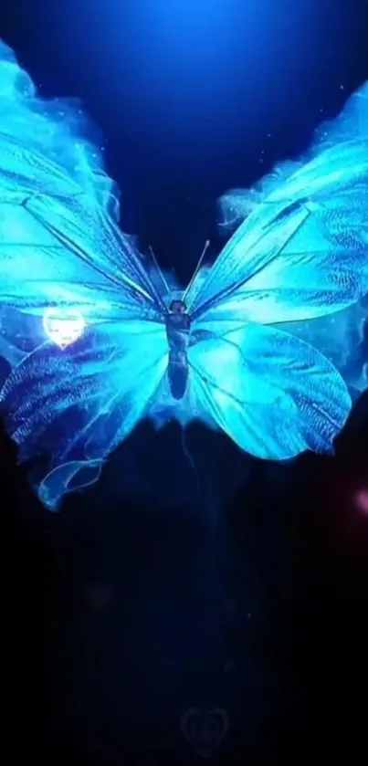 Glowing blue butterfly design with vibrant wings on a dark background.