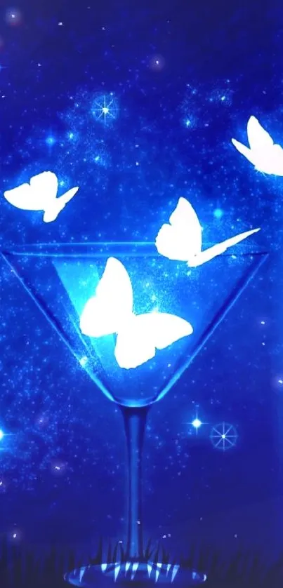 Glowing blue butterfly wallpaper with night sky.