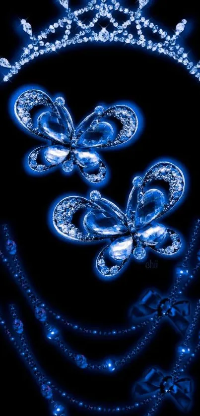 Glowing blue butterflies and jewels on black background.