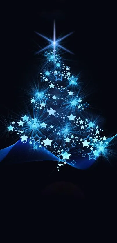 Blue Christmas tree wallpaper with glowing stars on a dark background.