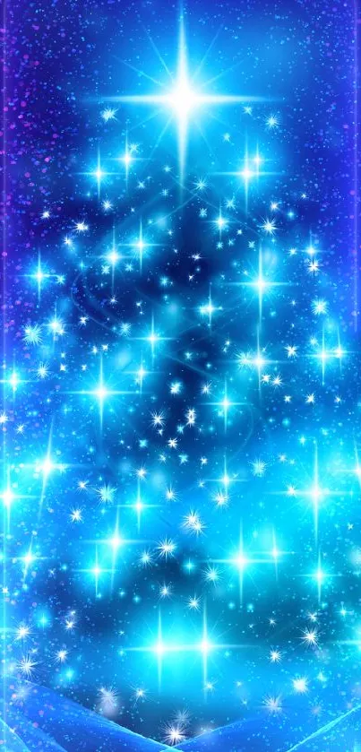 A glowing, decorated Christmas tree with starry lights on a blue background.