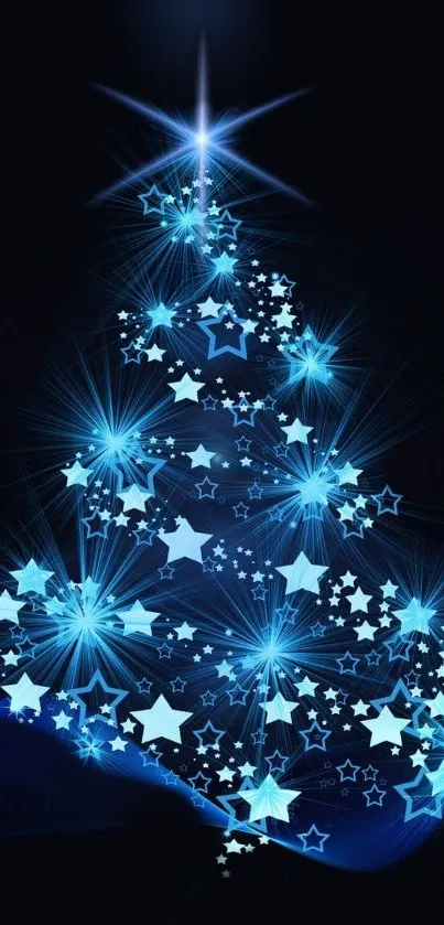 A glowing blue Christmas tree with stars on a dark background for mobile wallpaper.