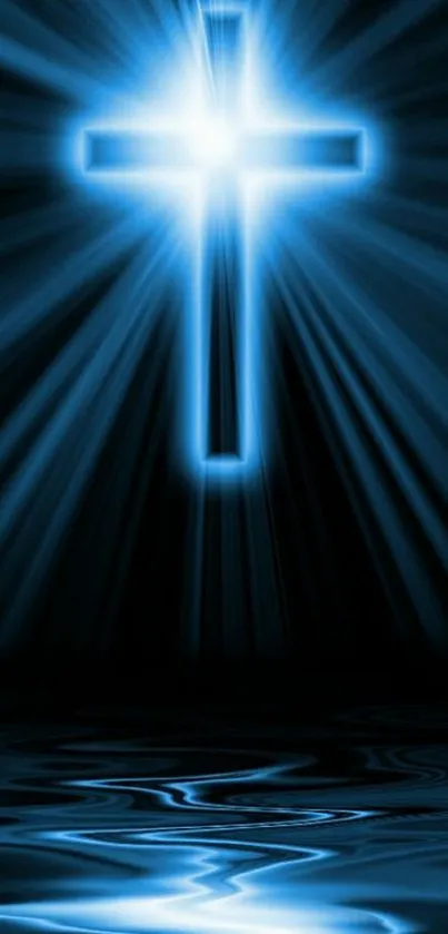 Glowing blue cross with light rays in a serene wallpaper design.