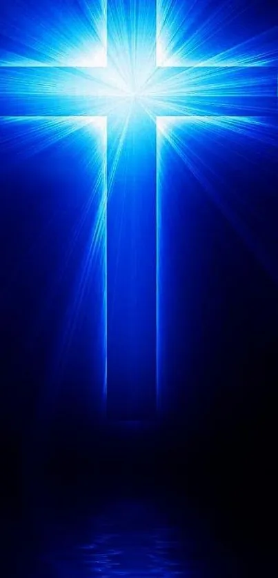 Radiant blue cross on a dark background with light rays.