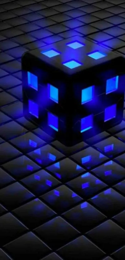 3D glowing blue cube on tiled background wallpaper.