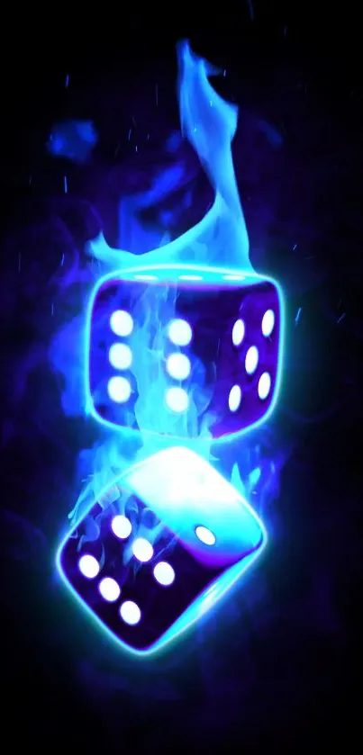 Blue glowing dice with fiery flames on black background.