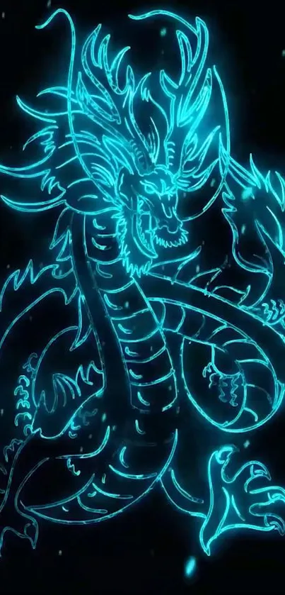 Neon blue dragon design on a black background wallpaper.