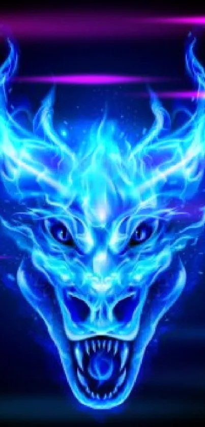 Glowing blue dragon image with fiery detail on a dark background.