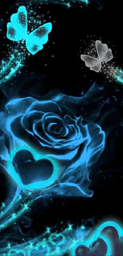 Glowing blue rose with butterflies and hearts on dark background.