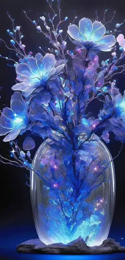 Glowing blue flowers in a glass vase.