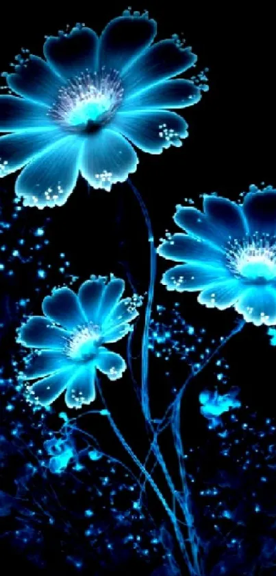Glowing blue flowers on a dark background