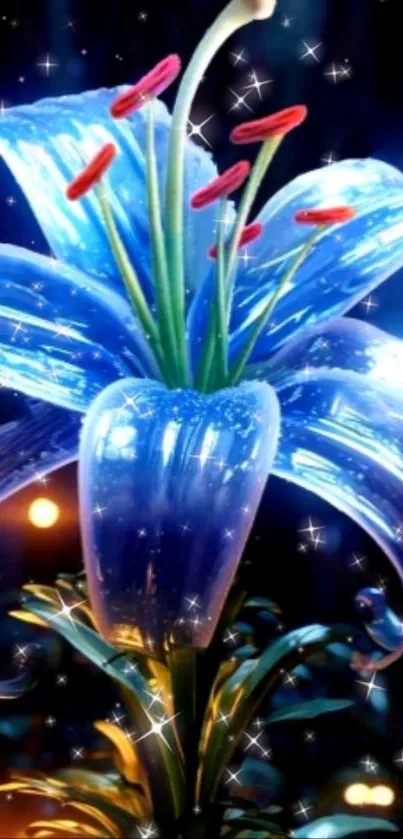 Glowing blue fantasy flower with sparkling effects.