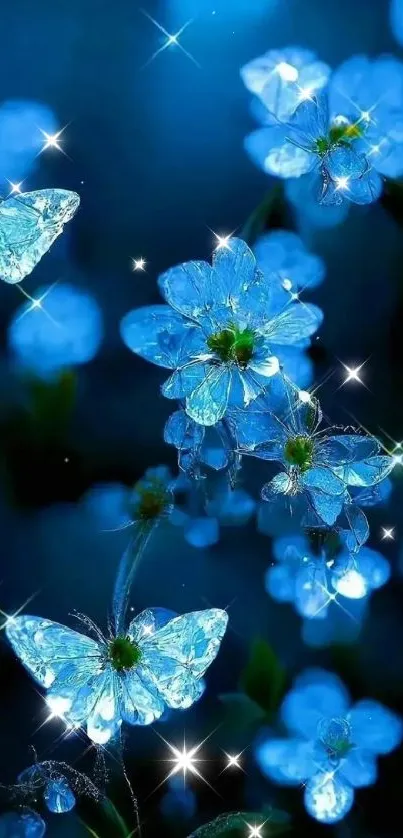 Glowing blue flowers with butterflies on a dark background.