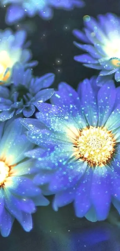 Mobile wallpaper featuring glowing blue flowers with luminous petals.