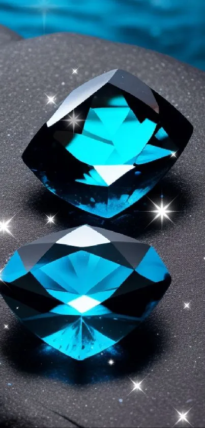 Two glowing blue gemstones on a textured surface with water background.