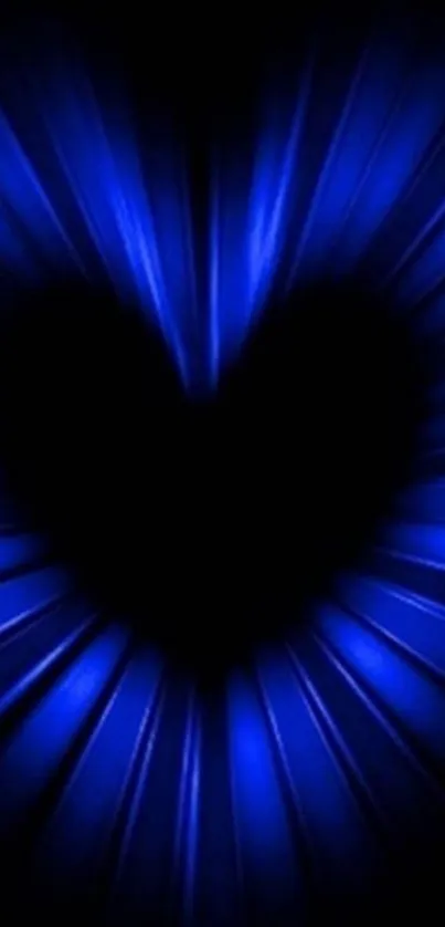 Glowing blue heart with radiant light rays on a black background.