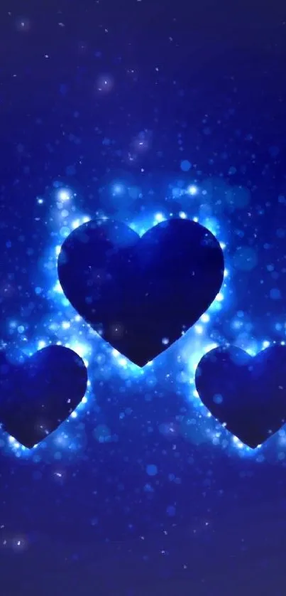 Luminous blue hearts on a dark background, creating a glowing effect.