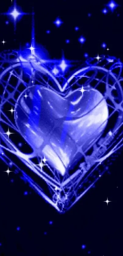 Blue glowing heart with starry background.