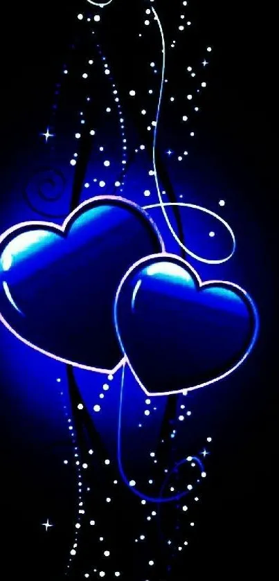Glowing blue hearts with dark backdrop and stars creating an elegant mobile wallpaper.