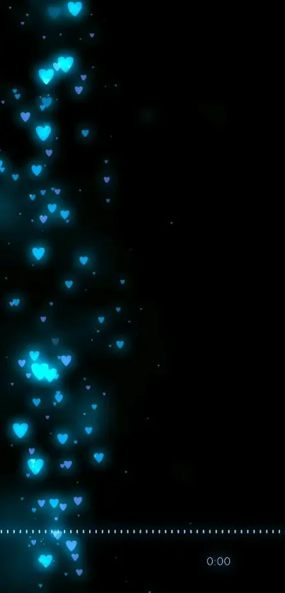 Mobile wallpaper with glowing blue hearts on a black background.