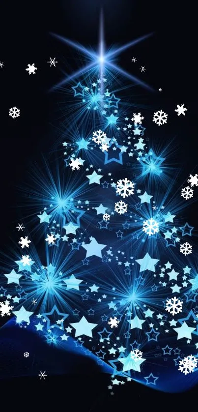 Glowing Christmas tree with blue lights and snowflake stars.