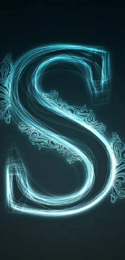 Wallpaper featuring a neon blue letter S with artistic swirls on a dark background.