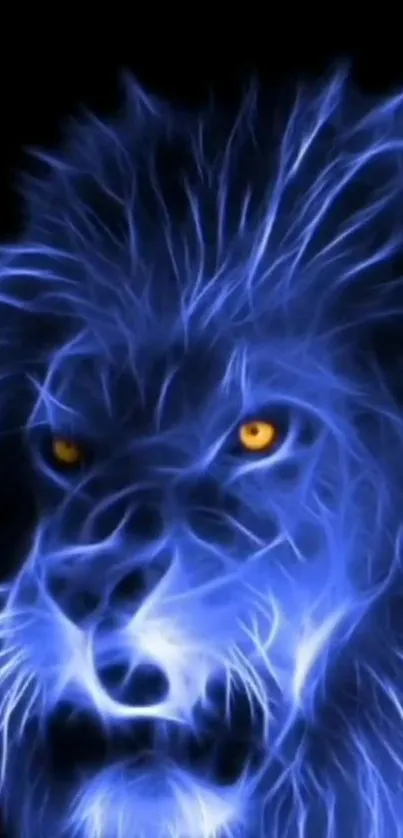 Neon blue lion artwork with glowing eyes.