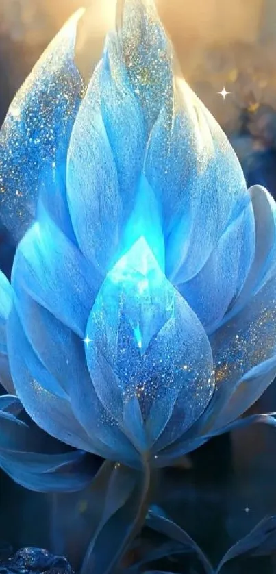 A glowing blue lotus with ethereal light and intricate floral design.