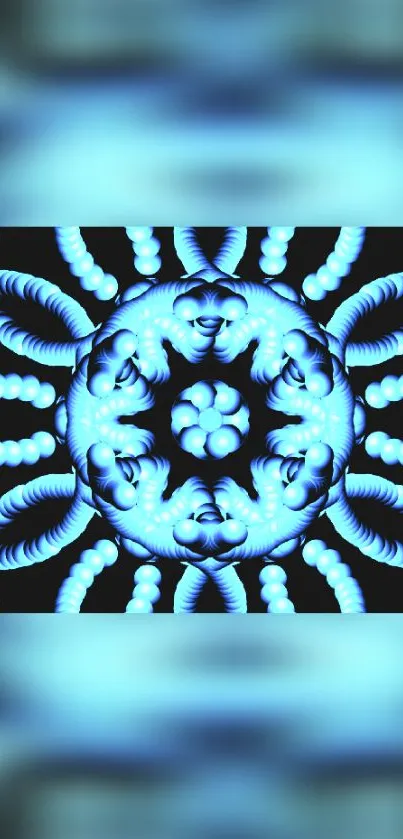 Glowing blue mandala pattern with intricate design elements on black background.