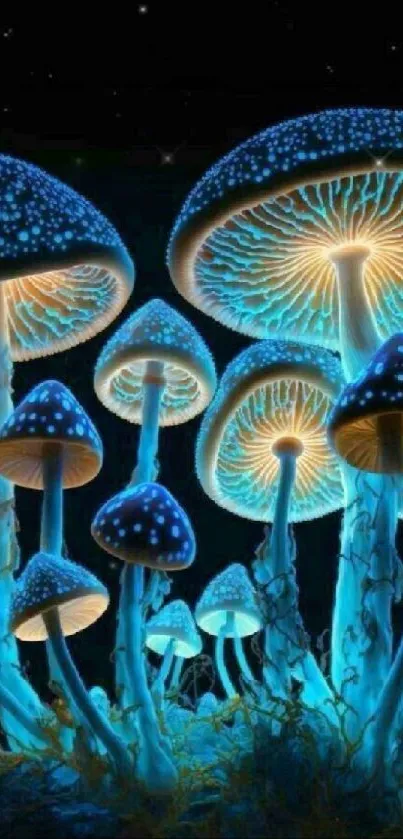 Glowing blue mushrooms wallpaper with neon highlights.