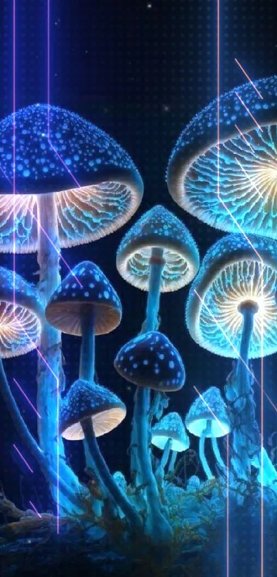 Vibrant blue, glowing mushrooms in a mystical night forest scene.