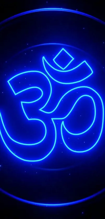 Glowing blue Om symbol on a dark background, signifying peace and spirituality.