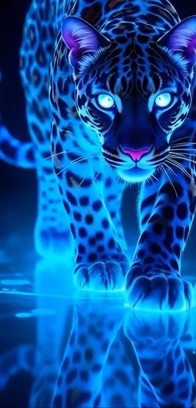 Glowing blue panther illustration with neon light effect.