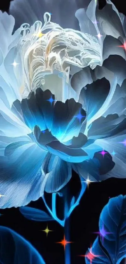 Glowing blue peony flower on a black background with detailed petals.