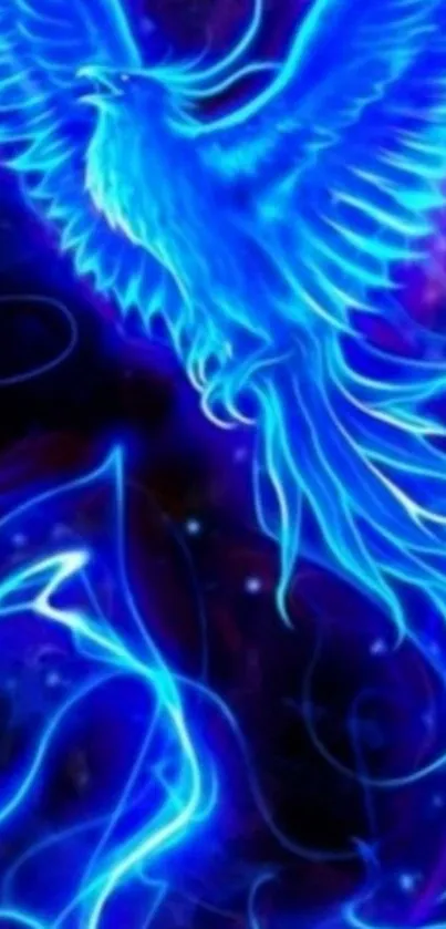 Vibrant glowing blue phoenix on a dark, mysterious background.